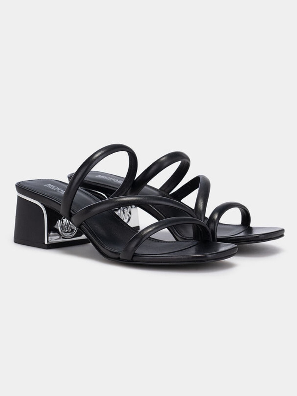 Michael Kors Black Leather Triple-Strap Slide Mules Heel Sandals Strappy Chic